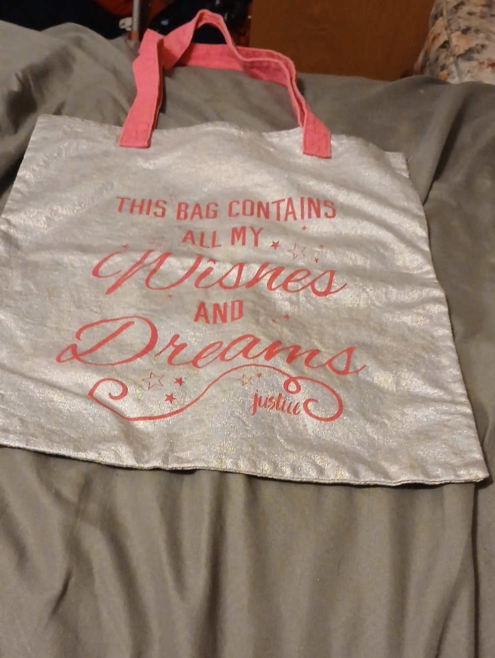 Justice Silver Tote with Pink Script and Handles